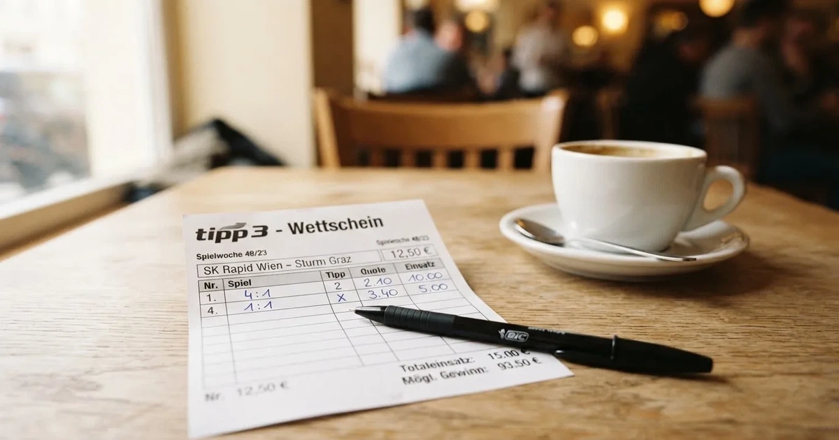 Ein leerer Wettschein aus Papier und ein Kugelschreiber liegen auf einem hellen Holztisch neben einer Kaffeetasse im warmen Seitenlicht.