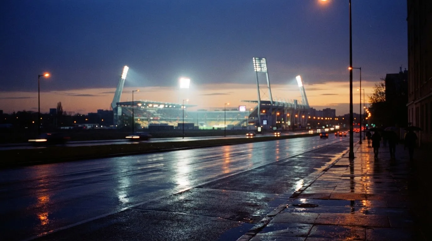 Ein Stadion unter Flutlicht aus großer Entfernung gesehen, davor eine regennasse Straße in der Dämmerung.