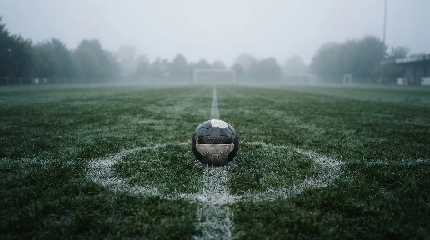 Ein Fußball liegt auf dem Anstoßpunkt eines leeren Rasenplatzes im Morgennebel.