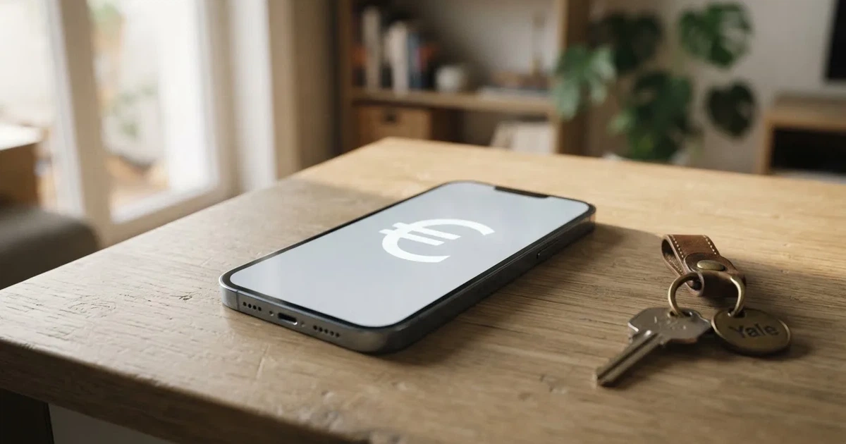 Ein Smartphone mit dunklem Display liegt auf einem hellen Tisch neben einem Schlüsselbund, Tageslicht fällt von der Seite ein.