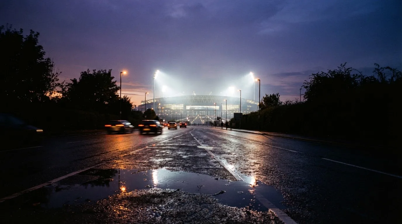 Ein Stadion unter Flutlicht aus großer Entfernung gesehen, davor eine regennasse Straße in der Dämmerung.