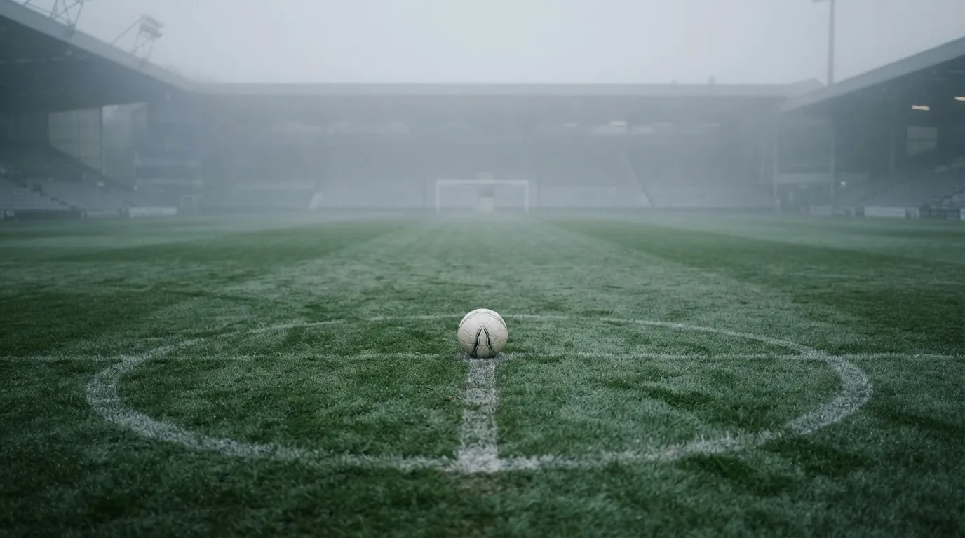 Ein Fußball liegt auf dem Anstoßpunkt eines leeren Rasenplatzes im Morgennebel.