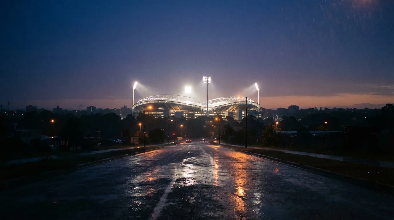 Ein Stadion unter Flutlicht aus großer Entfernung gesehen, davor eine regennasse Straße in der Dämmerung.