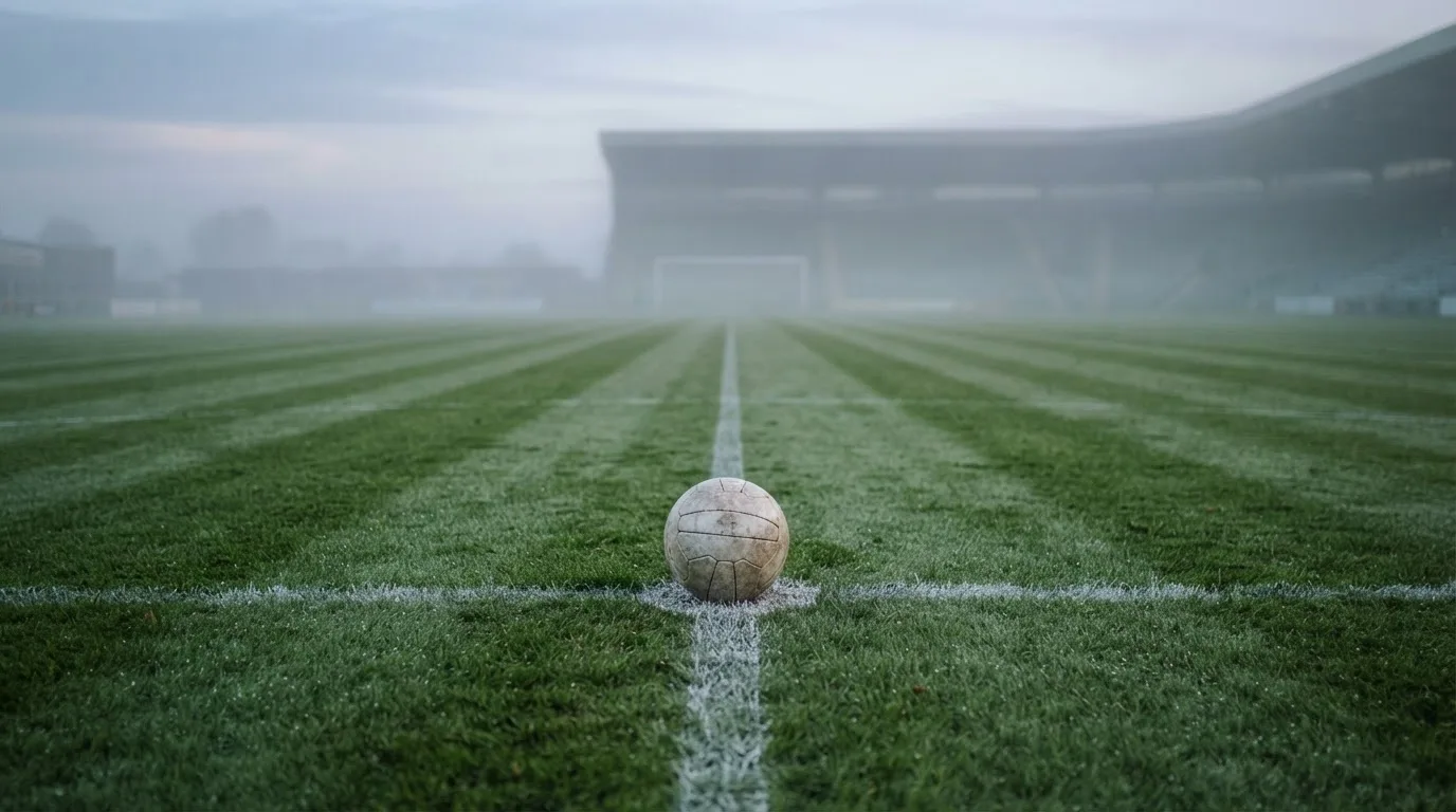 Ein Fußball liegt auf dem Anstoßpunkt eines leeren Rasenplatzes im Morgennebel.