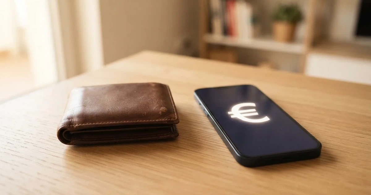Ein Portemonnaie aus Leder liegt geschlossen auf einem hellen Holztisch neben einem Smartphone mit dunklem Display.