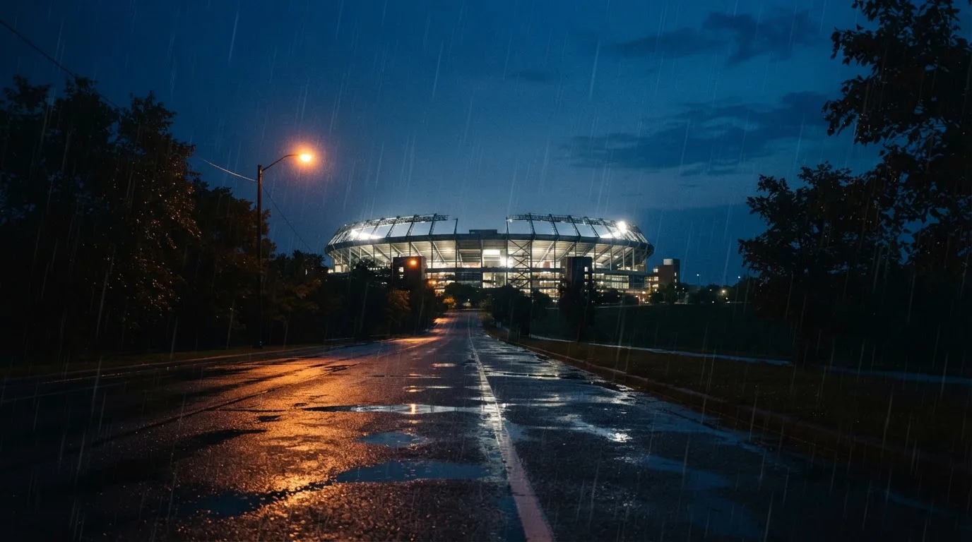Ein Stadion unter Flutlicht aus großer Entfernung gesehen, davor eine regennasse Straße in der Dämmerung.