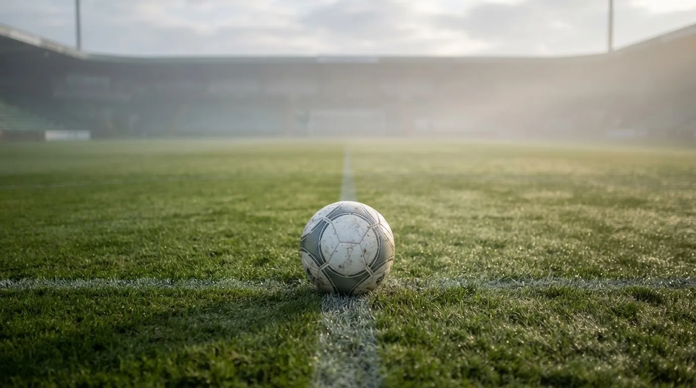 Ein Fußball liegt auf dem Anstoßpunkt eines leeren Rasenplatzes im Morgennebel.