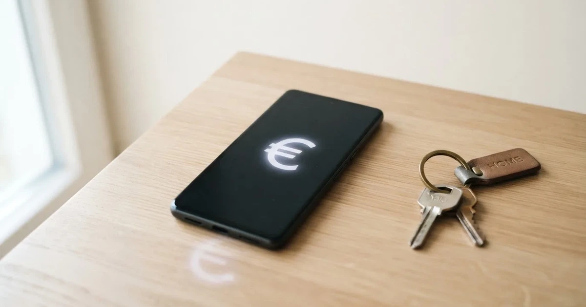 Ein Smartphone mit dunklem Display liegt auf einem hellen Tisch neben einem Schlüsselbund, Tageslicht fällt von der Seite ein.