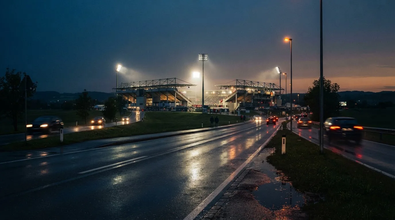 Ein Stadion unter Flutlicht aus großer Entfernung gesehen, davor eine regennasse Straße in der Dämmerung.