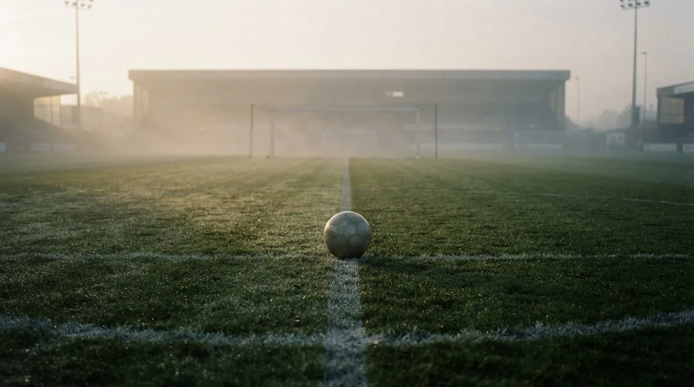 Ein Fußball liegt auf dem Anstoßpunkt eines leeren Rasenplatzes im Morgennebel.
