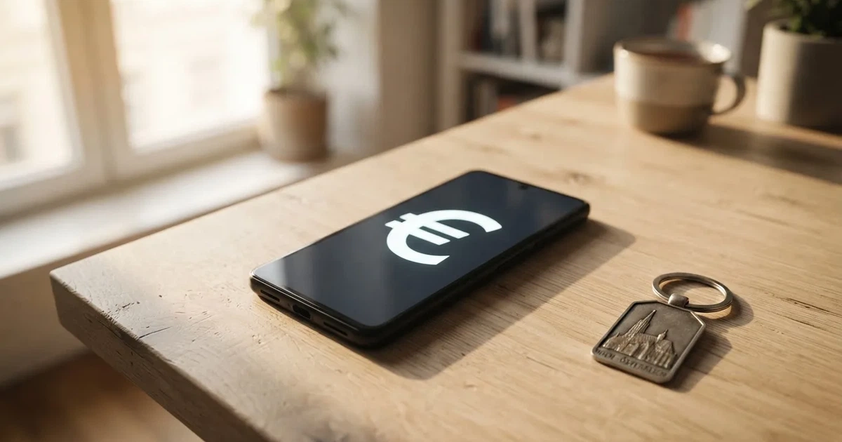 Ein Smartphone mit dunklem Display liegt auf einem hellen Tisch neben einem Schlüsselbund, Tageslicht fällt von der Seite ein.