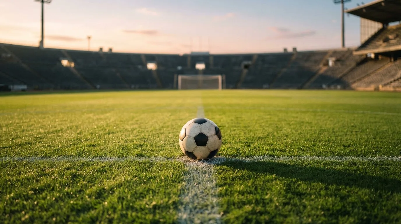 Ein Fußball liegt auf dem Anstoßpunkt eines leeren Rasenplatzes, im Hintergrund eine menschenleere Tribüne im weichen Abendlicht.