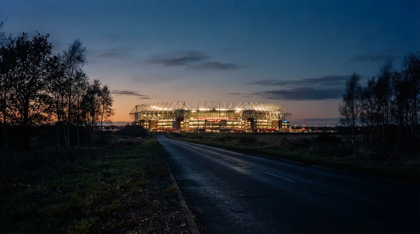 Ein Stadion unter Flutlicht aus großer Entfernung gesehen, davor eine dunkle Landstraße und einzelne Bäume in der Dämmerung.