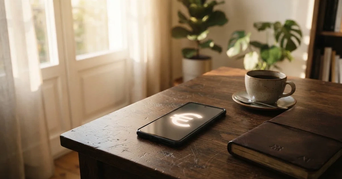 Ein Smartphone mit dunklem Display liegt neben einem Notizbuch und einer Kaffeetasse auf einem Schreibtisch im Licht eines Fensters.