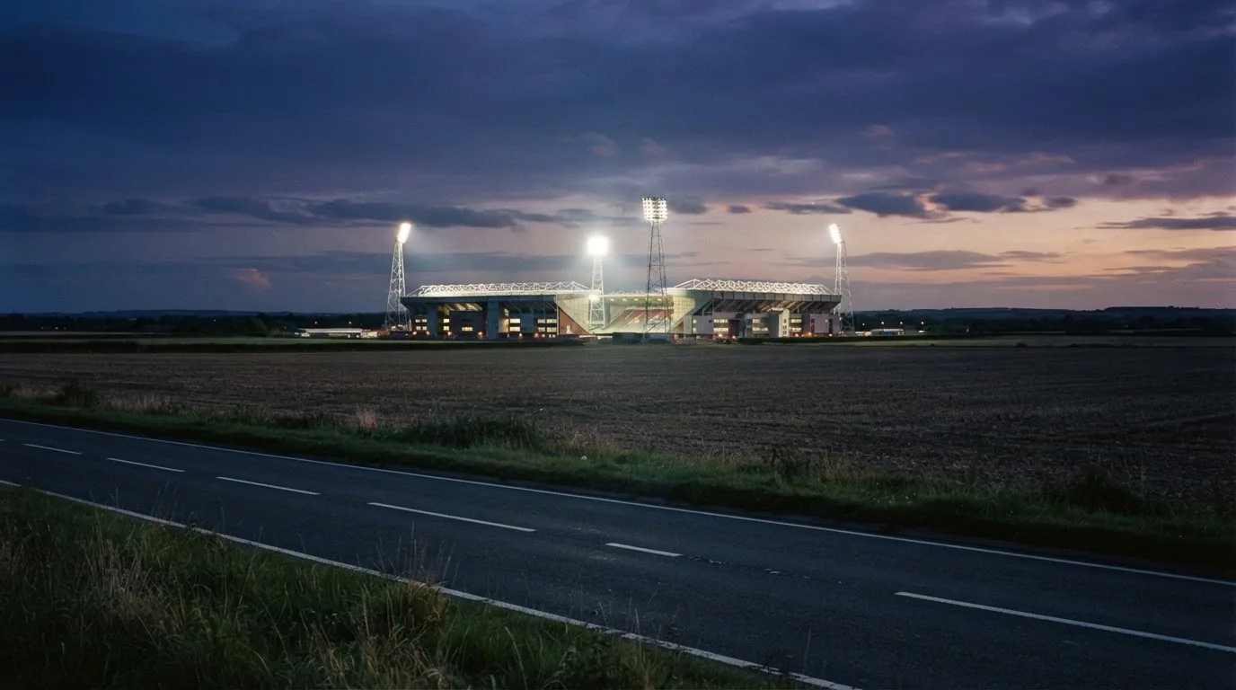 Ein Stadion unter Flutlicht aus großer Entfernung, davor Felder und eine ruhige Straße in der Dämmerung.