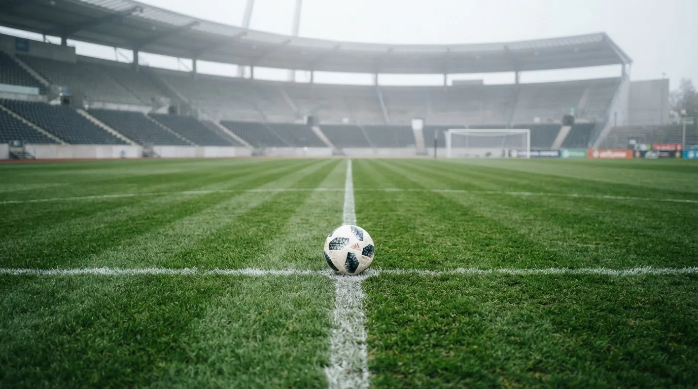 Ein Fußball liegt auf dem Anstoßpunkt eines leeren Rasenplatzes, im Hintergrund eine menschenleere Tribüne in weichem Licht.