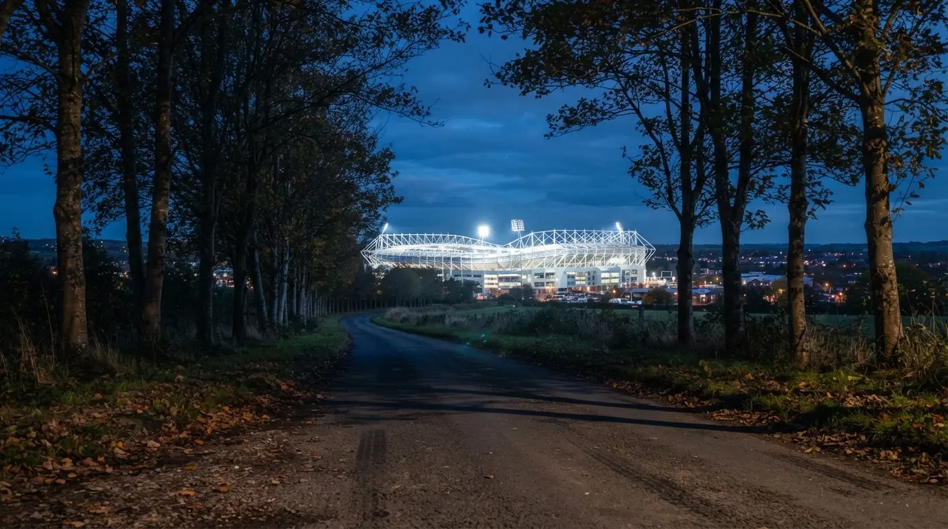 Ein Stadion unter Flutlicht aus großer Entfernung gesehen, davor eine dunkle Landstraße und einzelne Bäume.