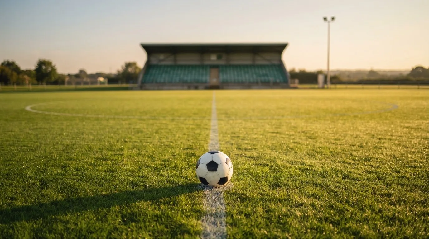 Ein Fußball liegt auf dem Anstoßpunkt eines leeren Rasenplatzes, dahinter eine menschenleere Tribüne im weichen Abendlicht.