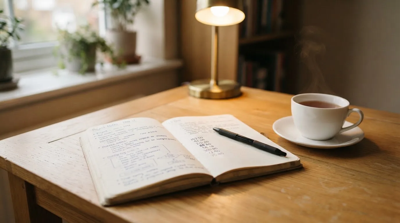 Ein aufgeschlagenes Notizbuch mit handgeschriebenen Notizen und ein Kugelschreiber liegen auf einem Schreibtisch neben einer Tasse Tee.
