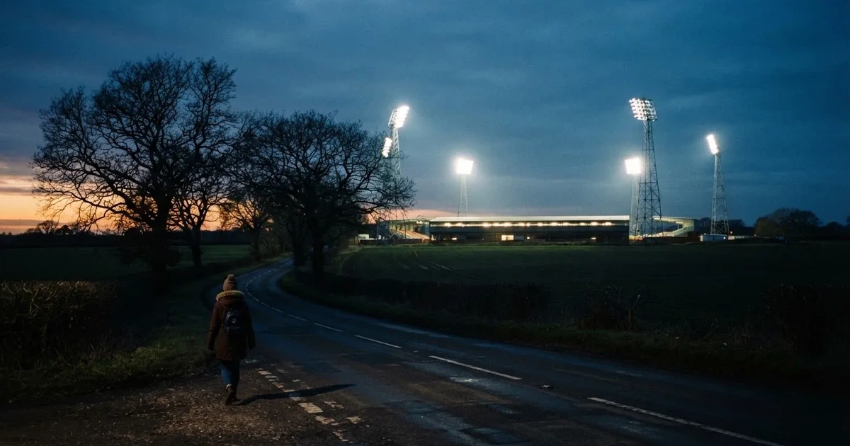 Ein Stadion unter Flutlicht aus großer Entfernung gesehen, davor eine dunkle Landstraße und einzelne Bäume in der Abenddämmerung.