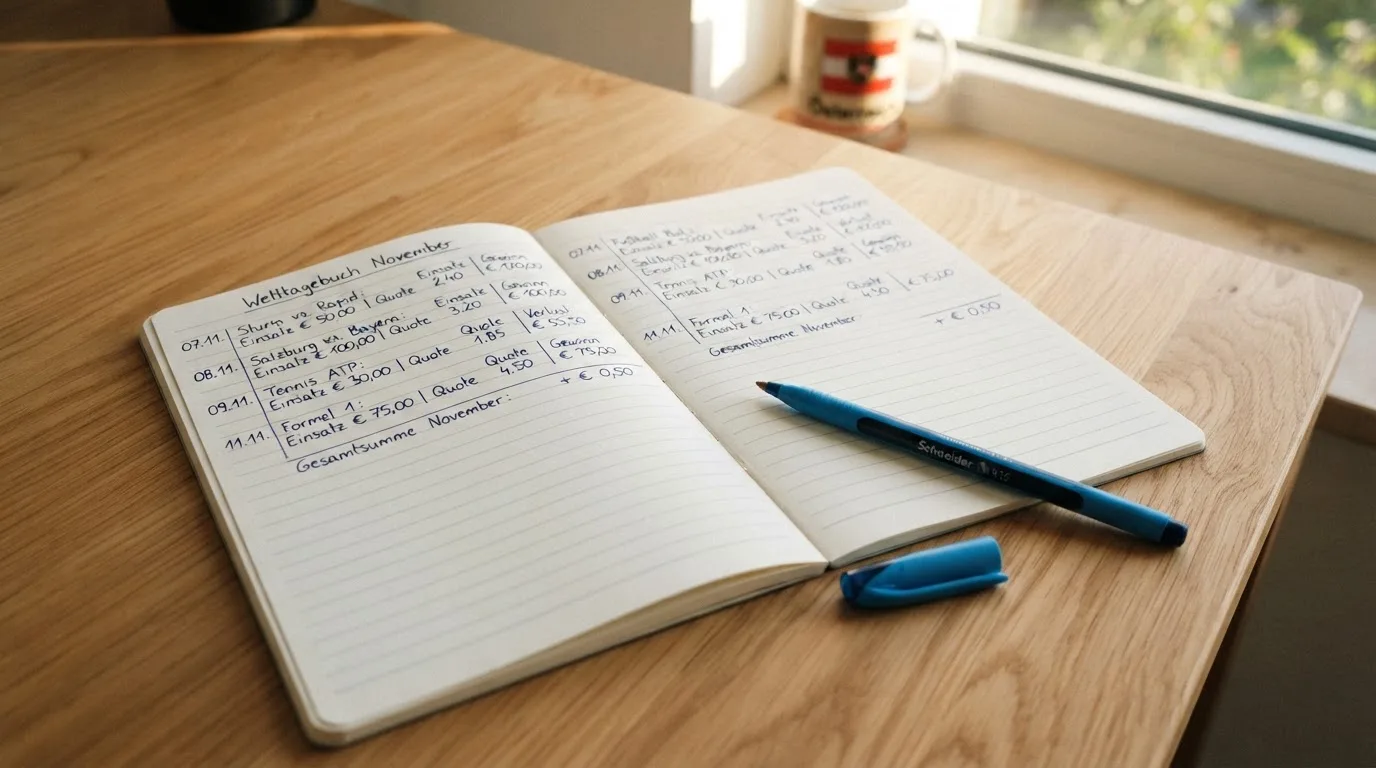 Ein Notizbuch mit handschriftlichen Rechnungen und ein Taschenrechner auf einem Schreibtisch, im Fenster fällt Morgenlicht.