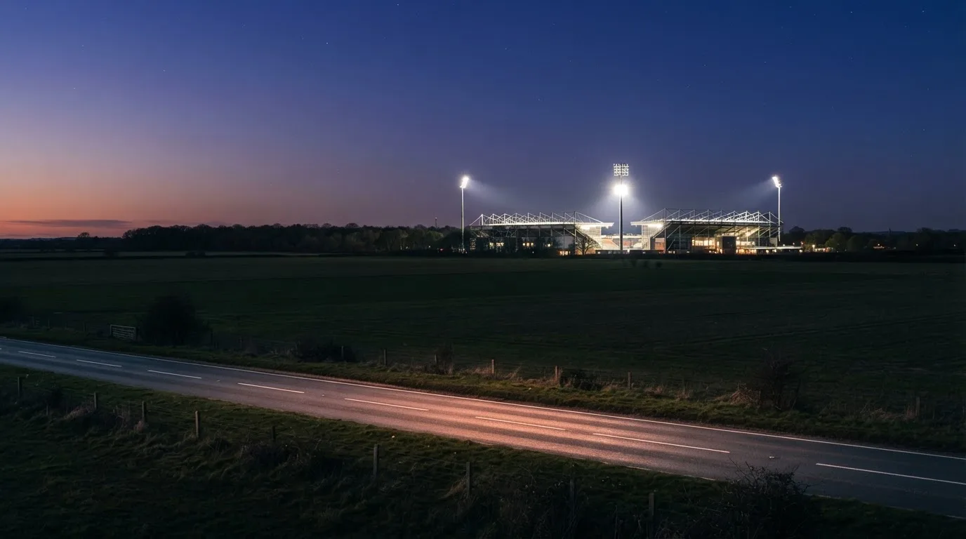 Ein Fußballstadion unter Flutlicht aus großer Entfernung gesehen, davor Felder und eine ruhige Straße in der Dämmerung.
