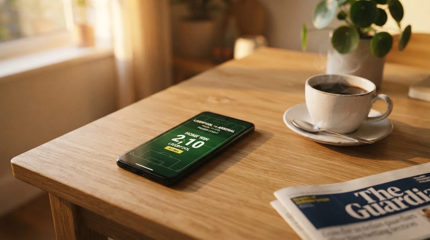 Ein Smartphone mit dunklem Display liegt auf einem Holztisch neben einer Tasse Kaffee, am Fenster fällt Abendlicht.