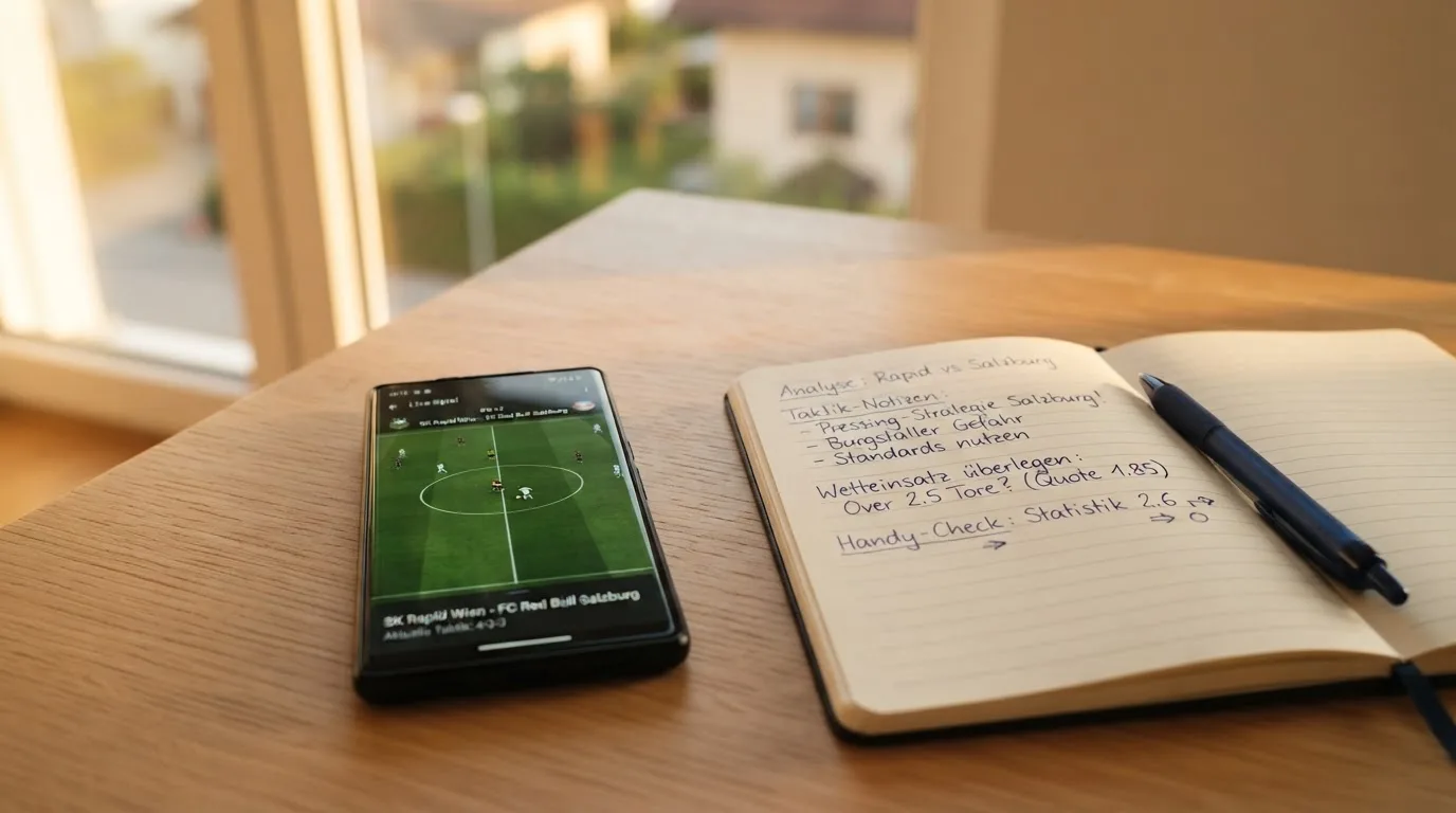 Ein Smartphone mit dunklem Display liegt auf einem Holztisch neben einem Notizbuch, durch das Fenster fällt Abendlicht.