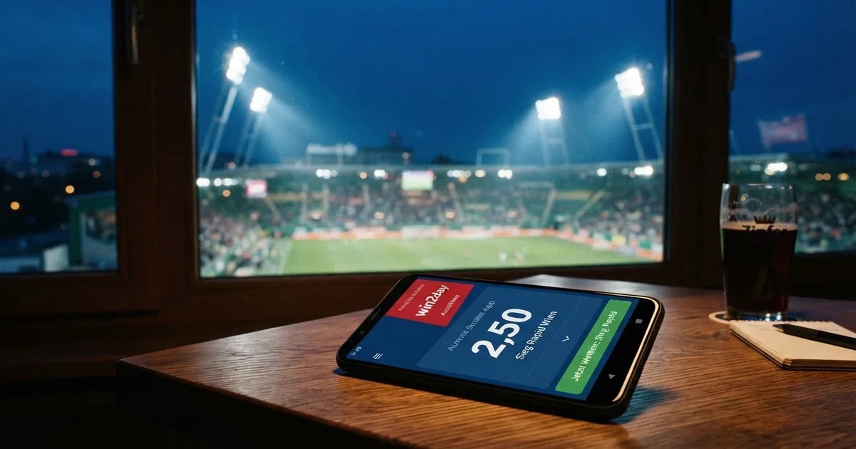 Ein Fußballstadion unter Flutlicht aus großer Entfernung gesehen, die Lichtkegel stehen im dunklen Abendhimmel über leeren Parkplätzen.