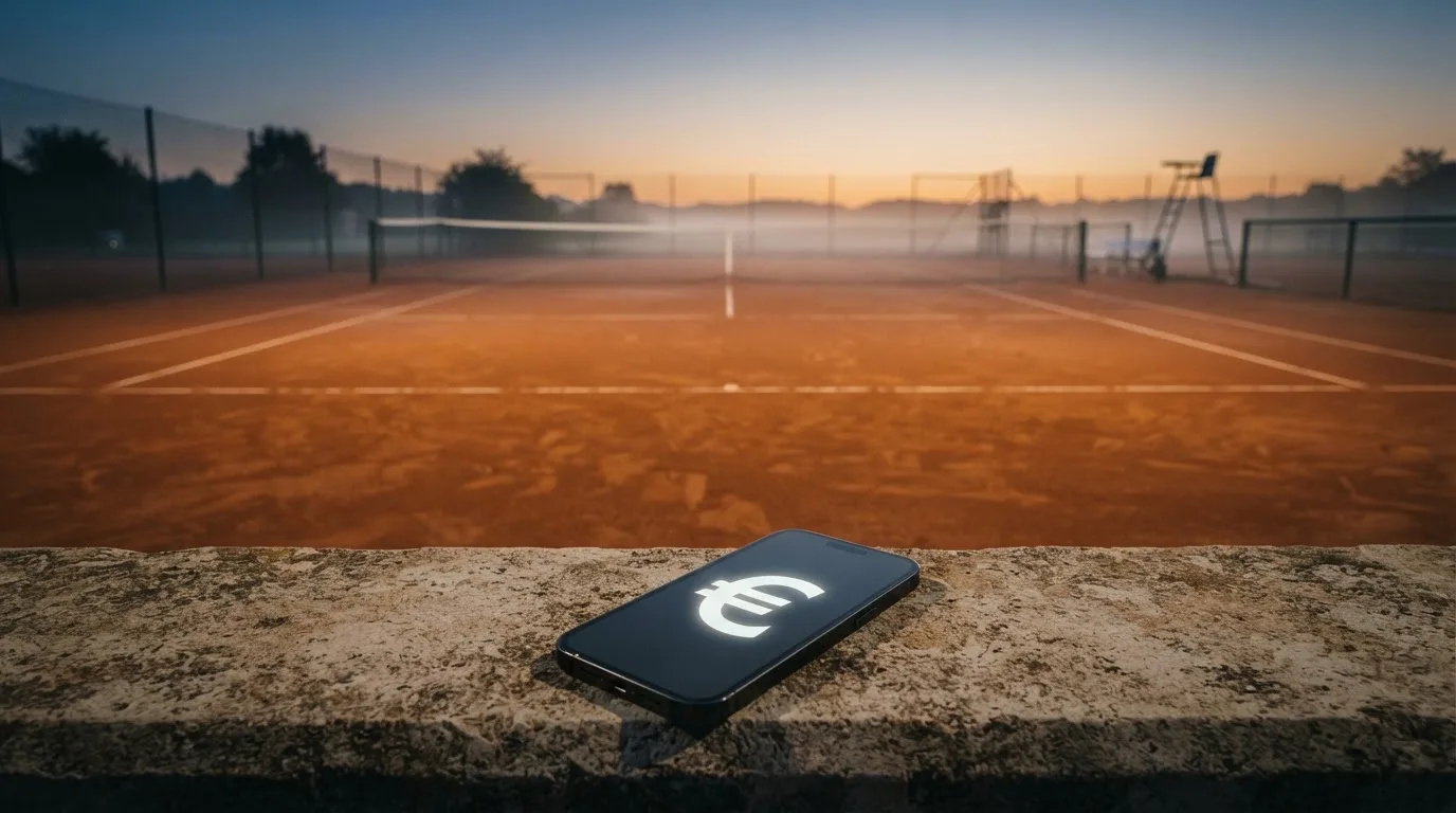 Ein Tennisplatz im Morgengrauen mit Netz und Linien, über dem Sandboden liegt leichter Nebel und niemand ist zu sehen.