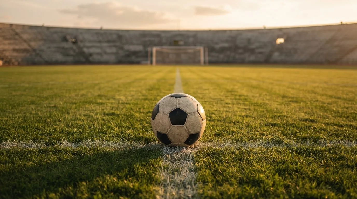 Ein Fußball liegt auf dem Anstoßpunkt eines leeren Rasenplatzes, im Hintergrund eine menschenleere Tribüne im weichen Abendlicht.