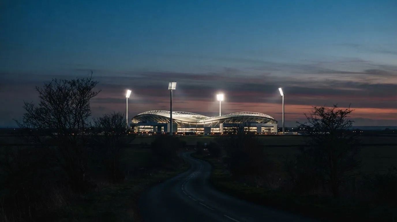 Ein Stadion unter Flutlicht aus großer Entfernung gesehen, davor eine dunkle Landstraße und einzelne Bäume in der Dämmerung.