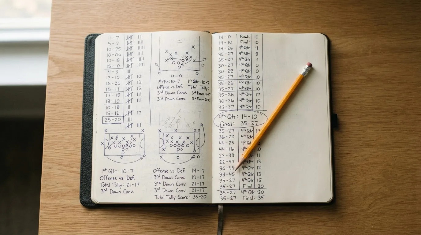 Ein Notizbuch mit handschriftlichen Skizzen und Zahlenreihen liegt aufgeschlagen auf einem Schreibtisch, daneben ein Bleistift.