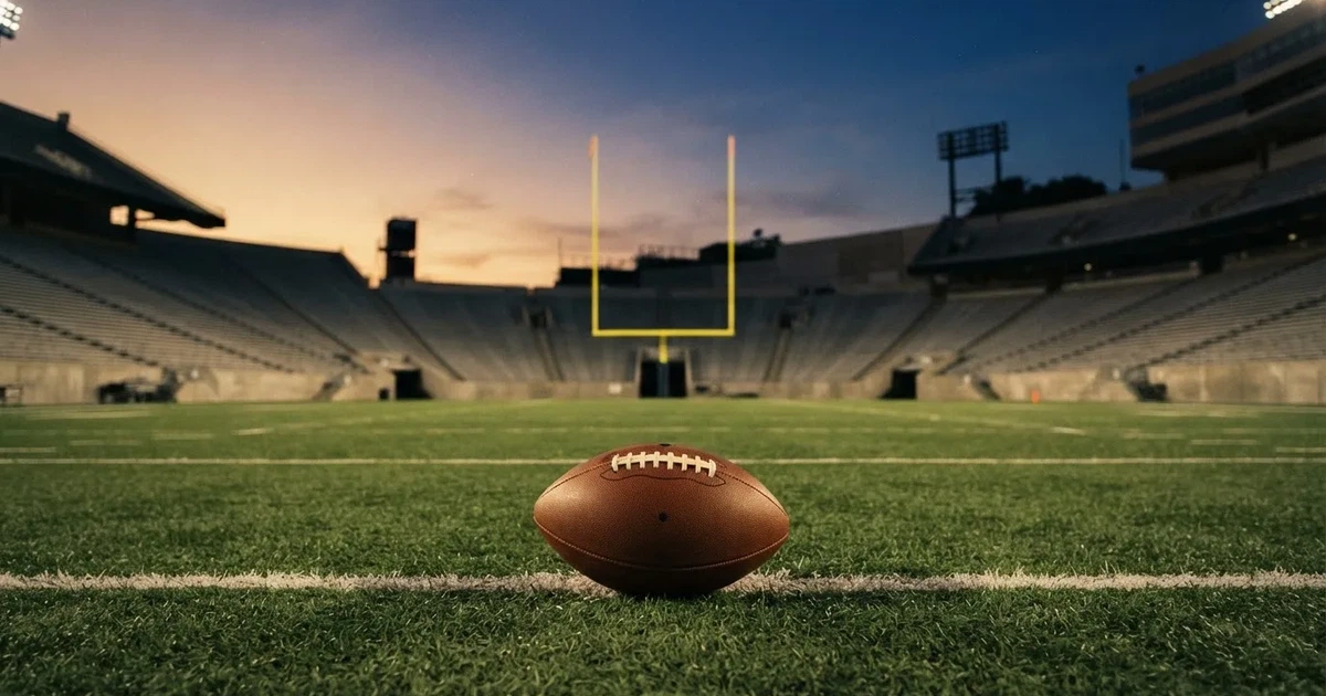 Ein ovaler Football liegt auf dem Rasen vor den gelben Torstangen eines leeren Stadions in der Abenddämmerung.