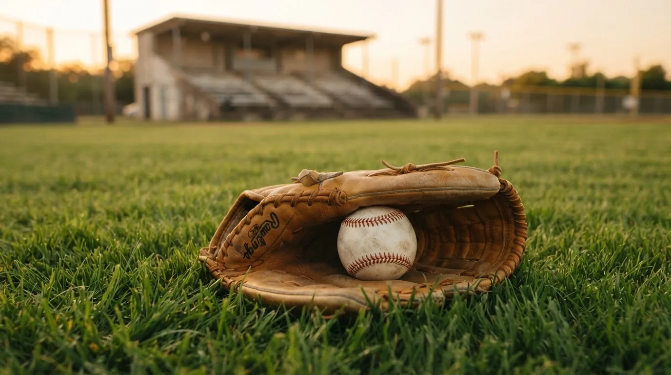 Ein Baseball liegt auf dem Rasen neben einem Lederhandschuh ohne Aufschrift, im Hintergrund eine leere Tribüne im Abendlicht.