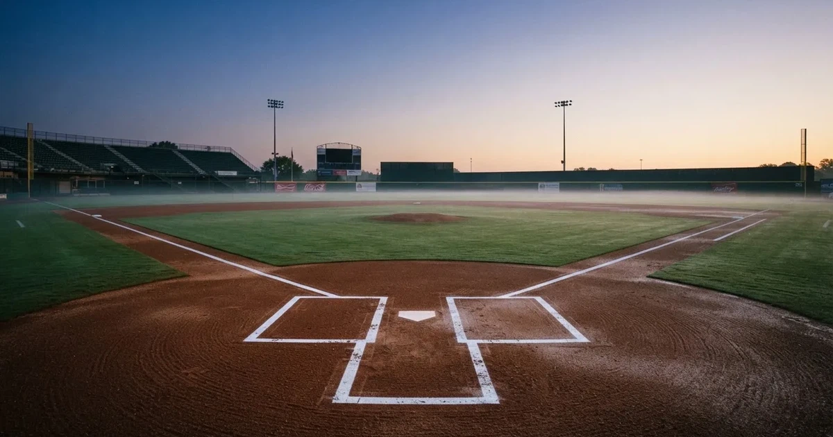Ein leeres Baseballfeld mit Sandfläche, Basen und weißen Linien in der Morgendämmerung, über dem Rasen liegt leichter Nebel.