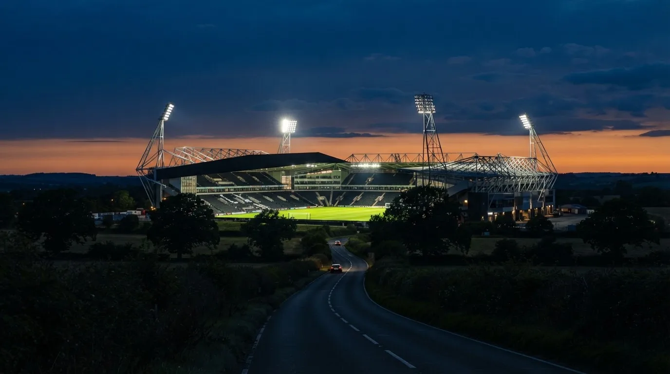 Ein Stadion unter Flutlicht aus großer Entfernung gesehen, davor eine dunkle Landstraße und einzelne Bäume in der Dämmerung.