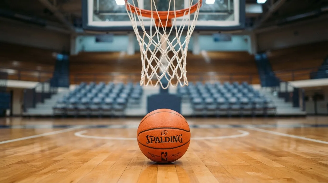 Ein orangefarbener Basketball liegt auf einem Hallenboden unter dem Netz eines Korbs, im Hintergrund unscharf leere Sitzreihen.