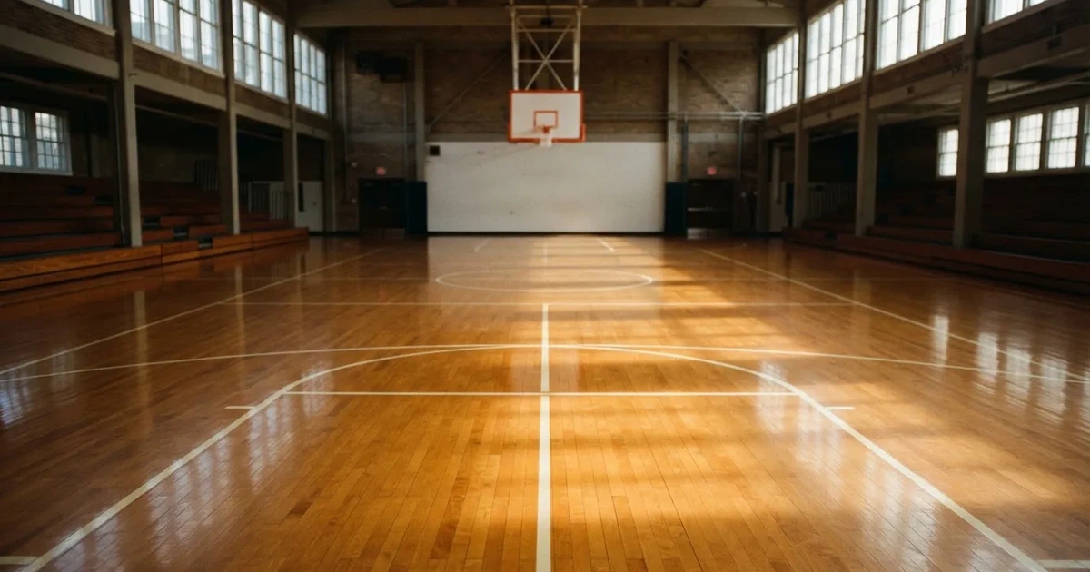 Ein leeres Basketballfeld in einer Halle mit glänzendem Parkett und einem Korb, durch hohe Fenster fällt Tageslicht.