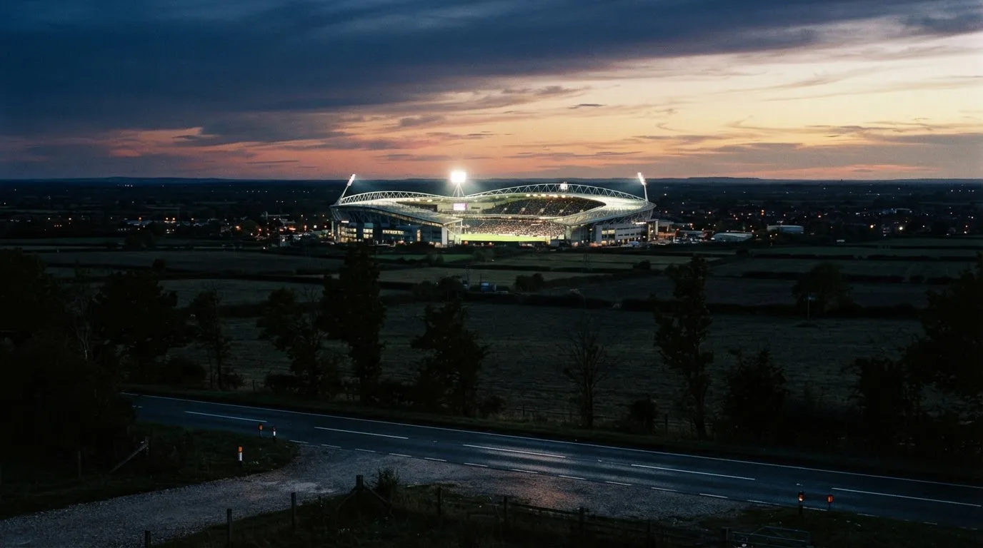 Ein Stadion unter Flutlicht aus großer Entfernung gesehen, davor eine dunkle Landstraße und einzelne Bäume in der Dämmerung.