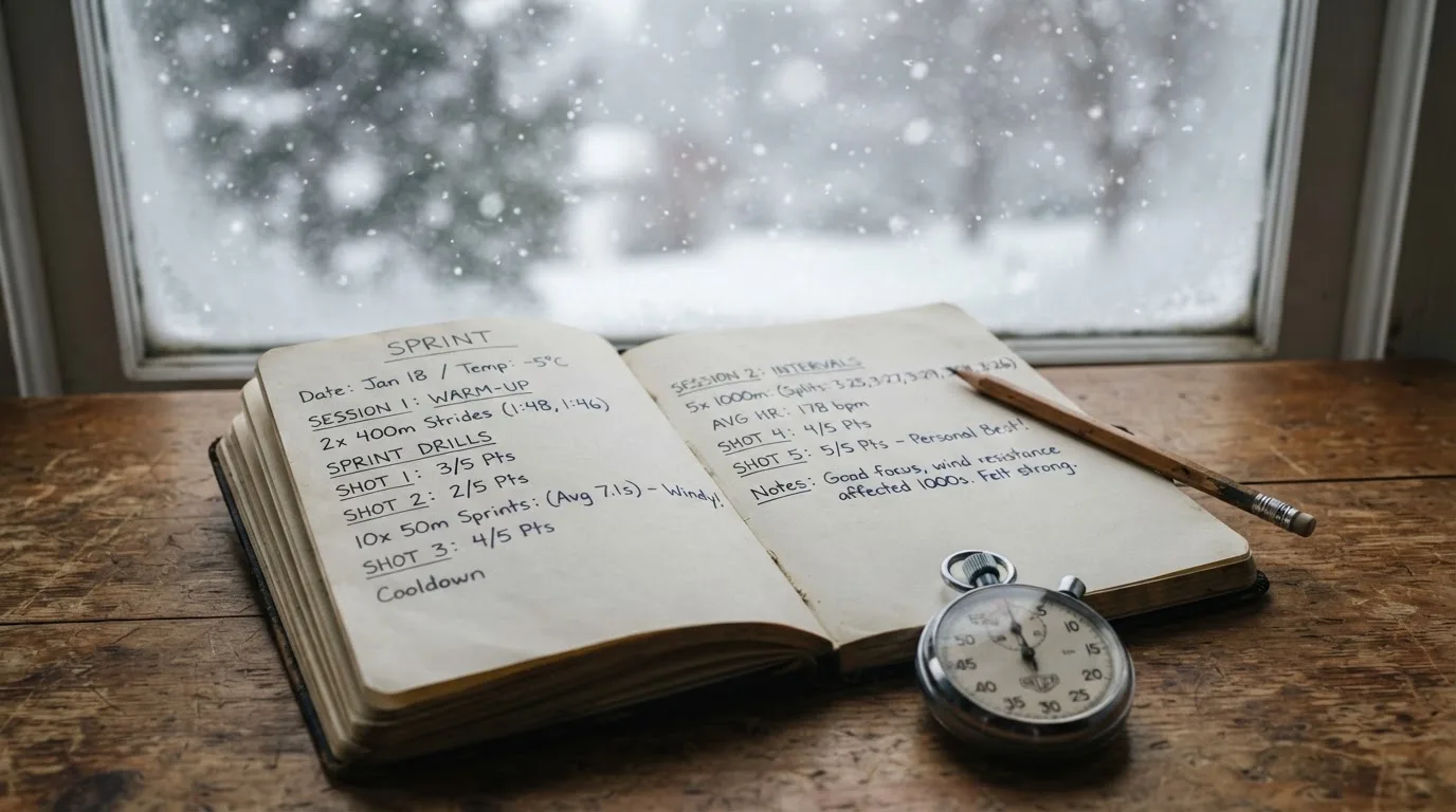 Ein Notizbuch mit handschriftlichen Zeiten liegt neben einer Stoppuhr auf einem Holztisch, draußen vor dem Fenster fällt Schnee.