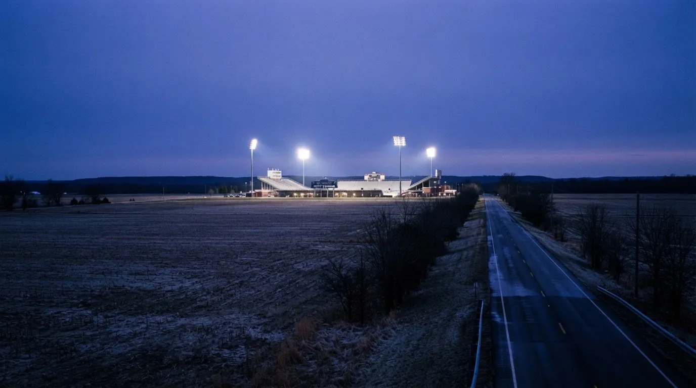 Ein Fußballstadion unter Flutlicht aus großer Entfernung gesehen, davor Felder und eine ruhige Straße in der Dämmerung.