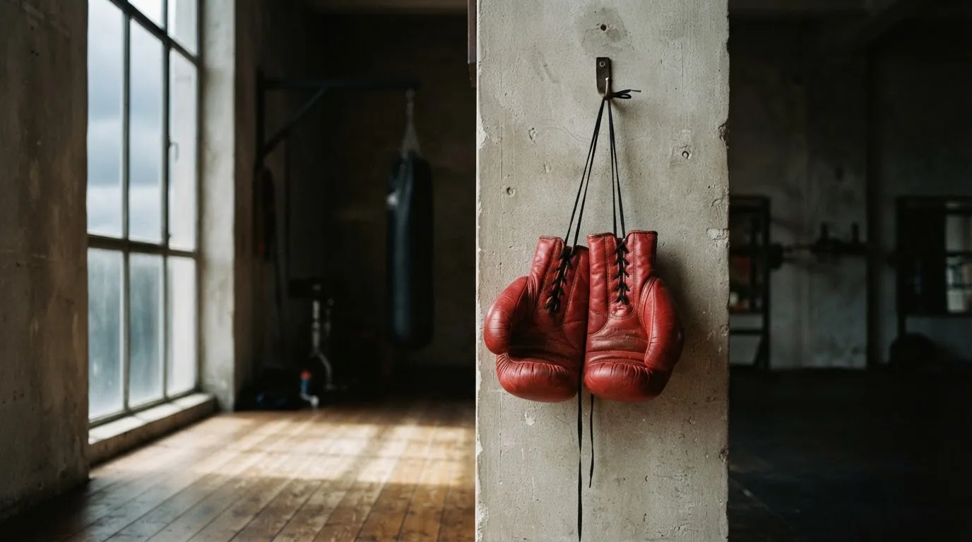Ein Paar Boxhandschuhe hängt an einem Haken in einer leeren Trainingshalle, durch ein Fenster fällt Tageslicht auf den Boden.