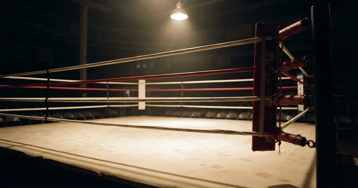 Ein leerer Boxring mit gespannten Seilen unter einer Hallenlampe, der Ringboden ist im Licht gut zu erkennen, niemand ist zu sehen.