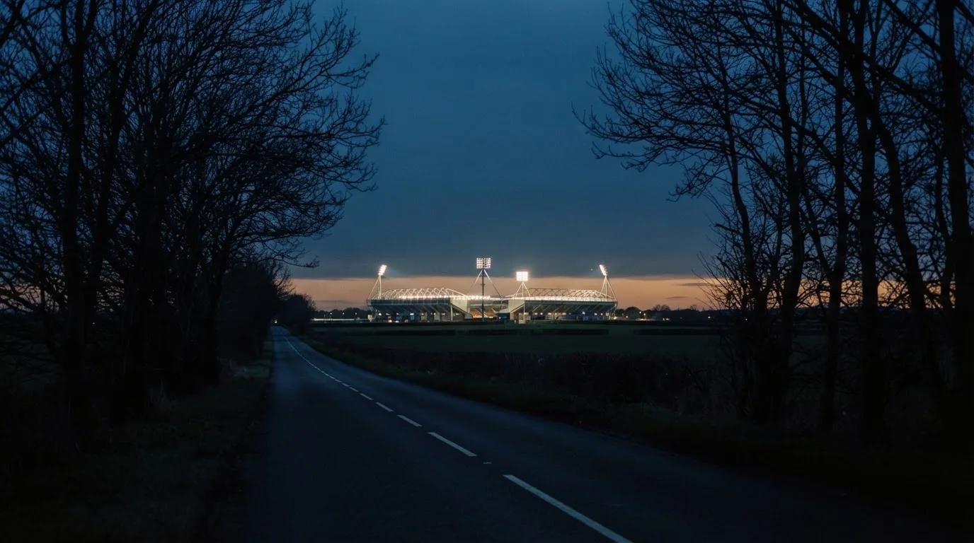 Ein Stadion unter Flutlicht aus großer Entfernung gesehen, davor eine dunkle Landstraße und einzelne Bäume in der Dämmerung.