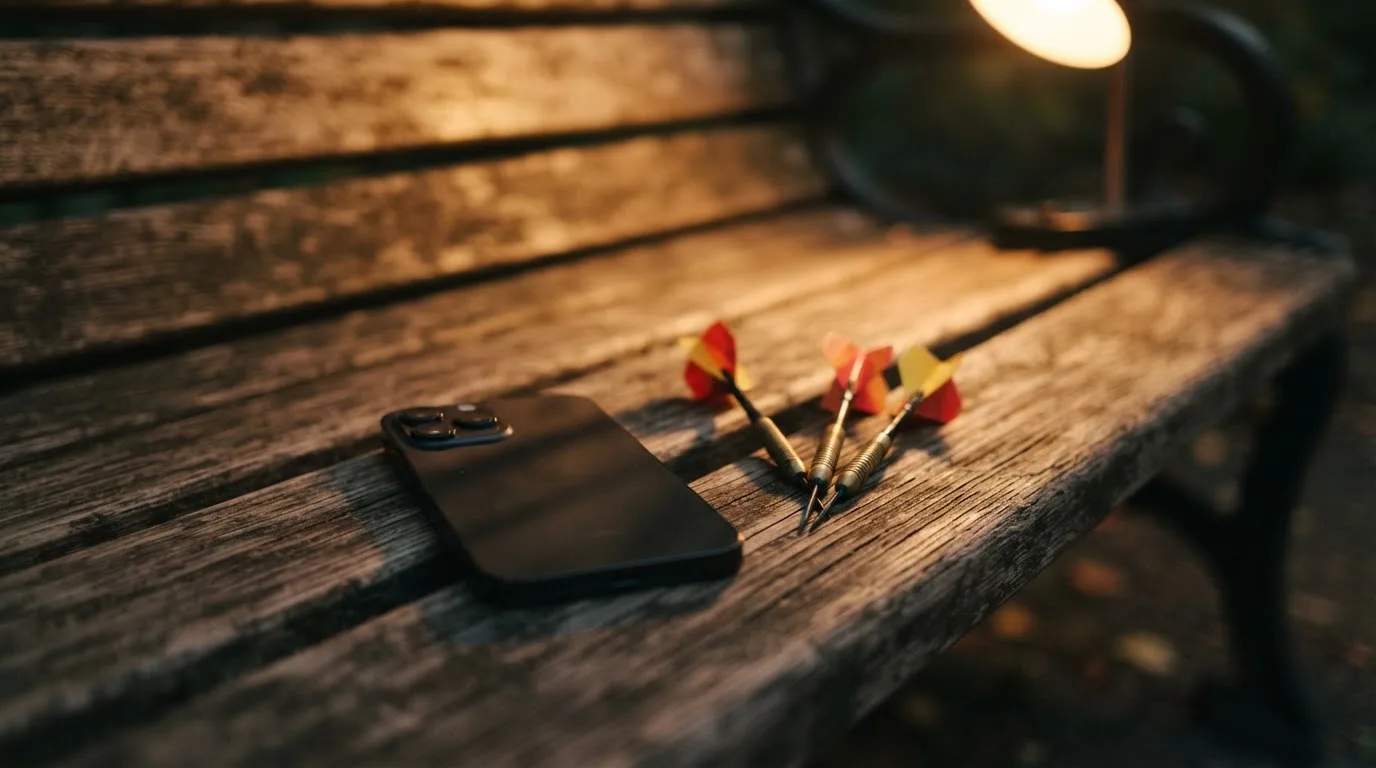 Ein Smartphone mit dunklem Display liegt neben zwei Wurfpfeilen auf einer Holzbank, das Licht einer Lampe fällt von schräg oben.