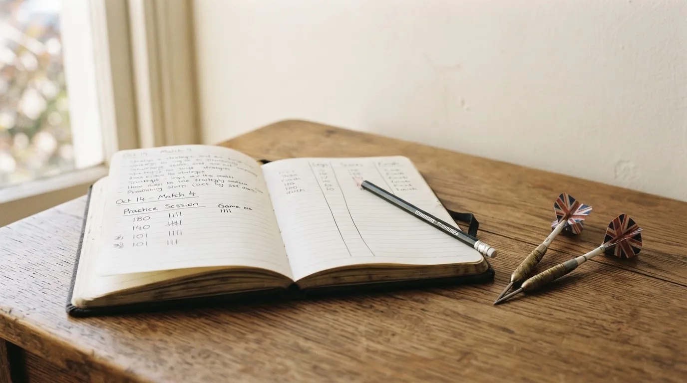 Wurfpfeile liegen auf einem Holztisch neben einem Notizbuch mit handschriftlichen Zeilen, Tageslicht fällt von links ein.