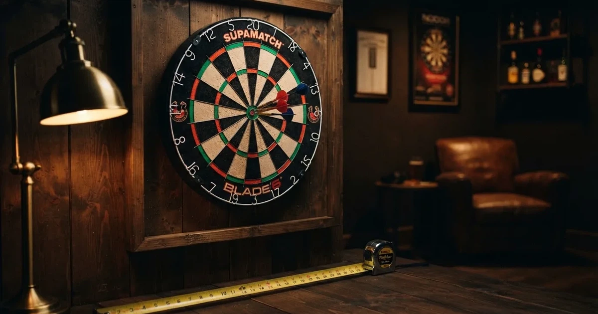 Eine Dartscheibe an einer Holzwand in einem schwach beleuchteten Raum, drei Pfeile stecken nahe der Mitte, warmes Licht von der Seite.