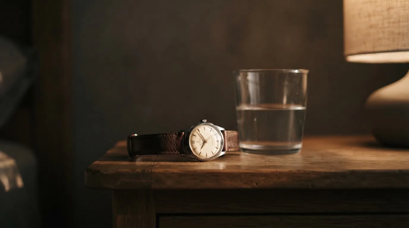Eine Armbanduhr und ein Glas Wasser stehen auf einem Nachttisch im ruhigen Abendlicht, der Hintergrund ist unscharf.