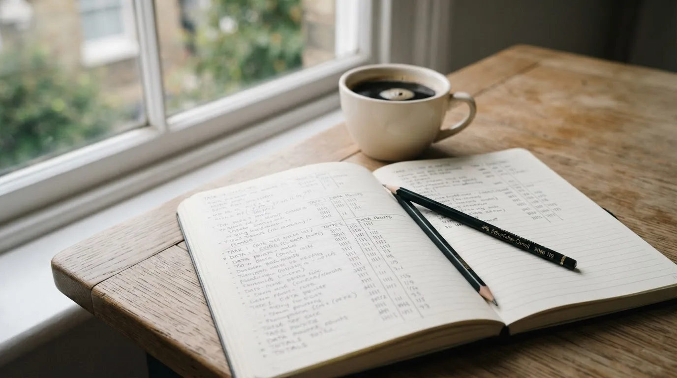 Ein aufgeschlagenes Notizbuch mit handschriftlichen Notizen und ein Bleistift neben einer Tasse Kaffee auf einem Tisch am Fenster.